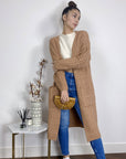 Cable knit design wool-blended long oversized cardigan in Beige