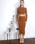 Long sleeves top with buttons design and midi skirt co-ords suits in brown