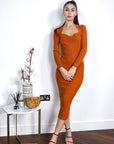 Soft Knitted Ribbed Midi Bodycon Dress Long Sleeve In Brown