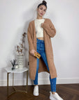 Cable knit design wool-blended long oversized cardigan in Beige