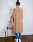 Cable knit design wool-blended long oversized cardigan in Beige