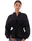 Ruffle design around chest and hem cotton shirt in Black