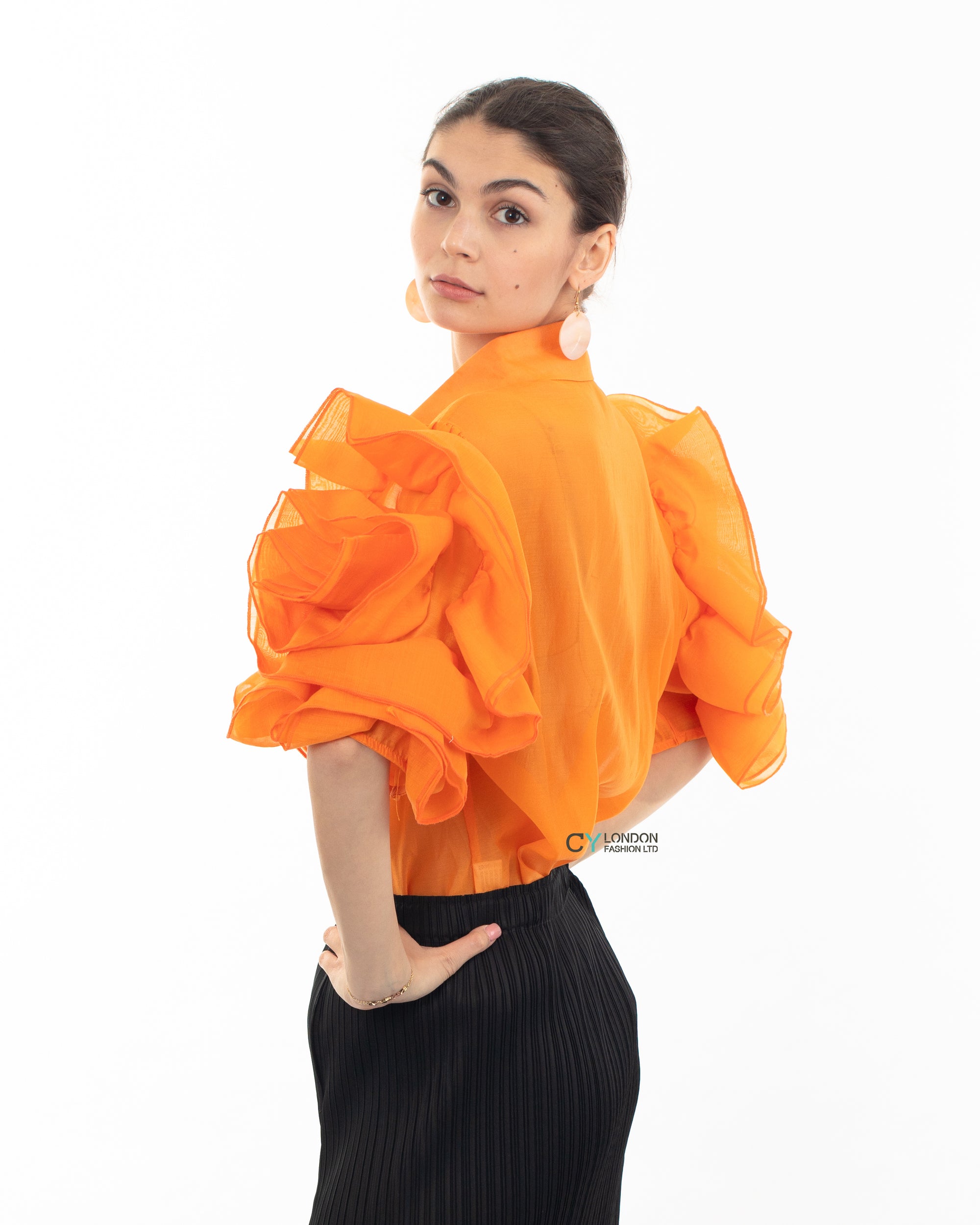 Double Layered Ruffles statements sleeves shirt top in orange