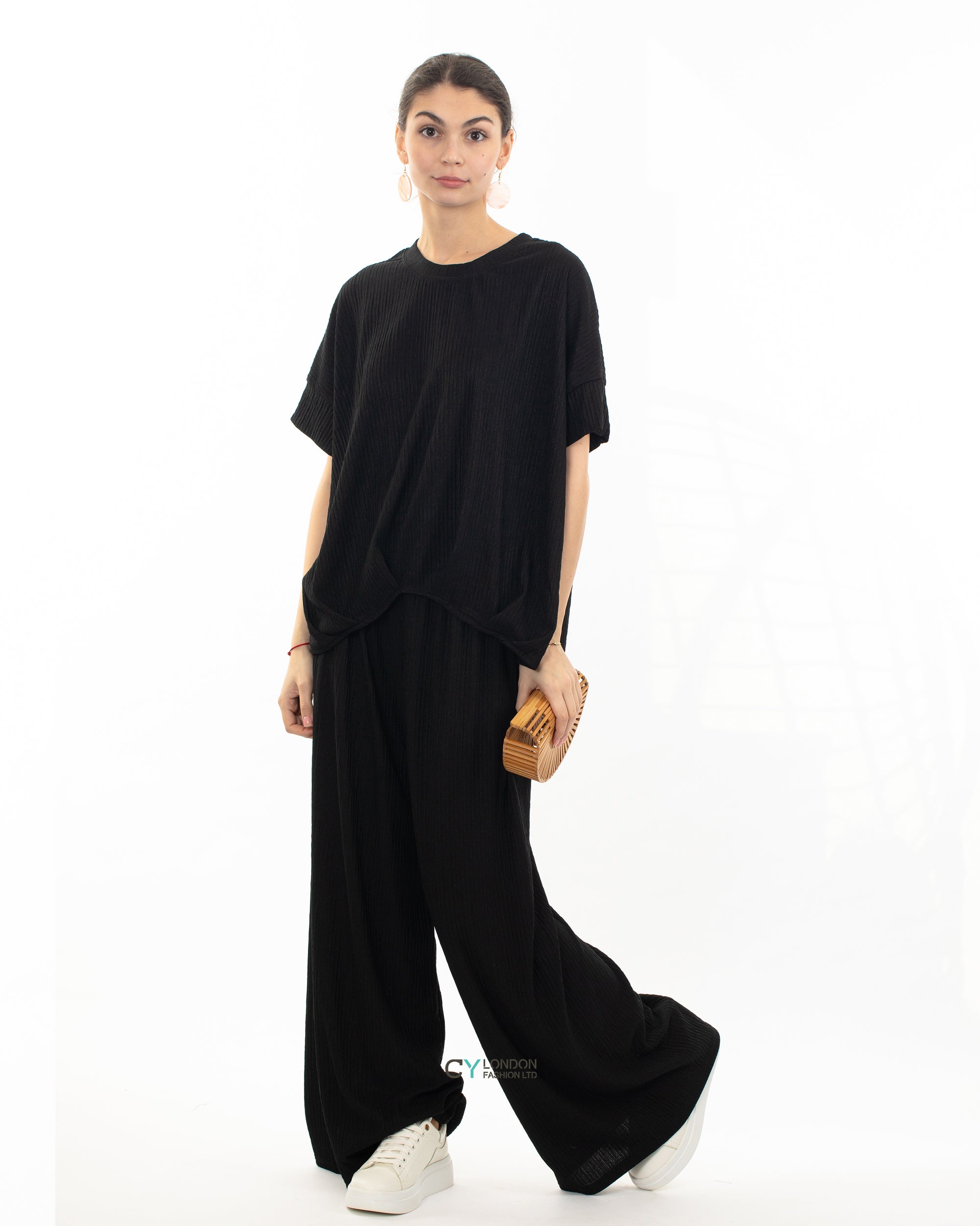 Oversized comfort stretch-jersey top and Relaxed-fit trousers in Black