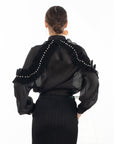 Pleated ruffles with multi dimoned stone embellished sleeves design organza shirt in black