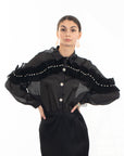 Pleated ruffles with multi dimoned stone embellished sleeves design organza shirt in black