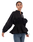 Ruffle design around chest and hem cotton shirt in Black