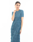 Pleated Midi dress with multi layer fringed tassel design in blue