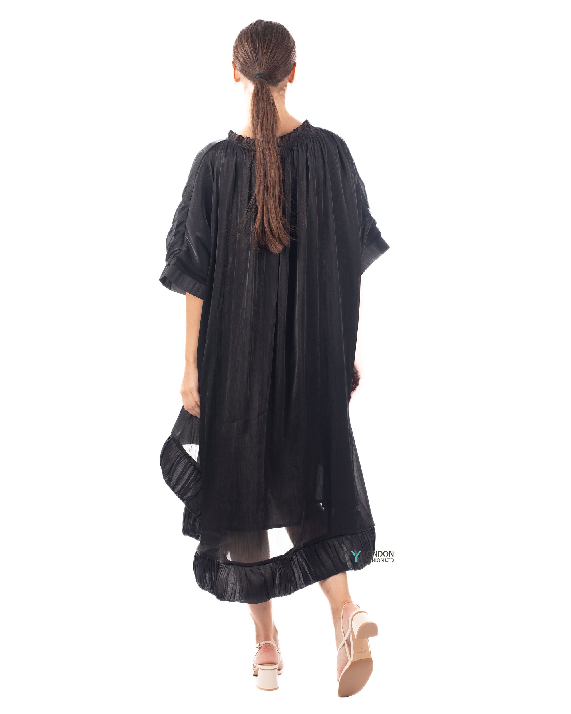 Ruffle Hem Oversized dress with belt in black