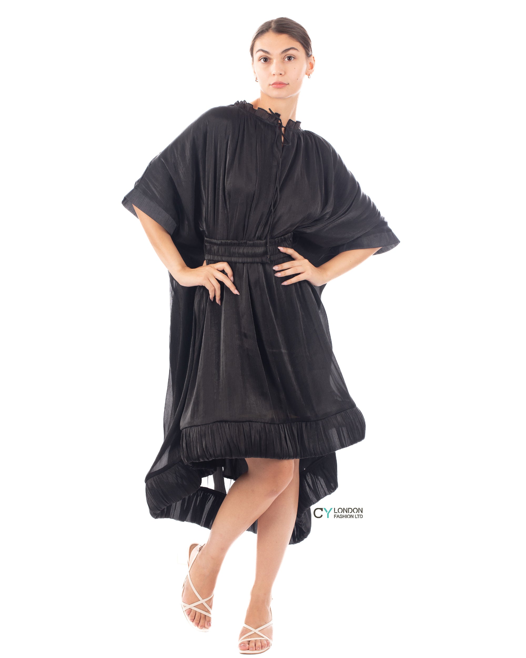 Ruffle Hem Oversized dress with belt in black