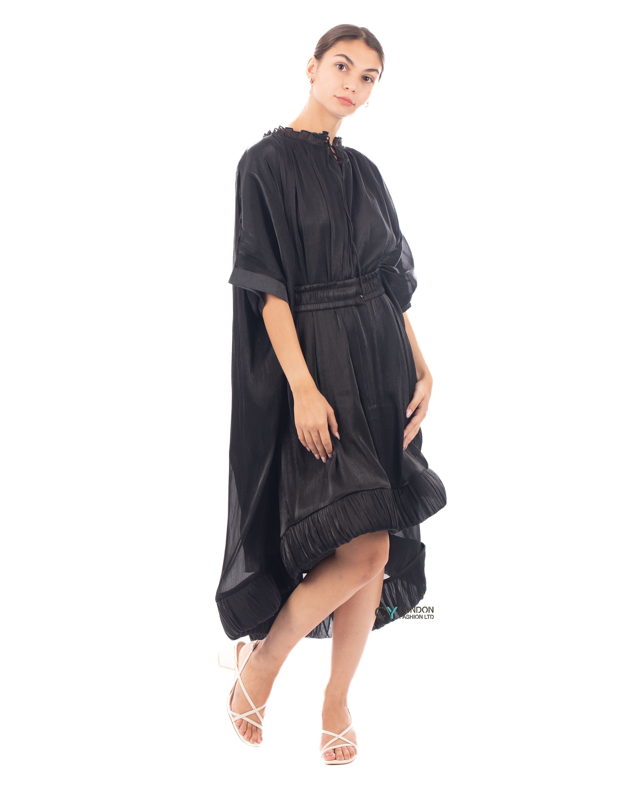 Ruffle Hem Oversized dress with belt in black