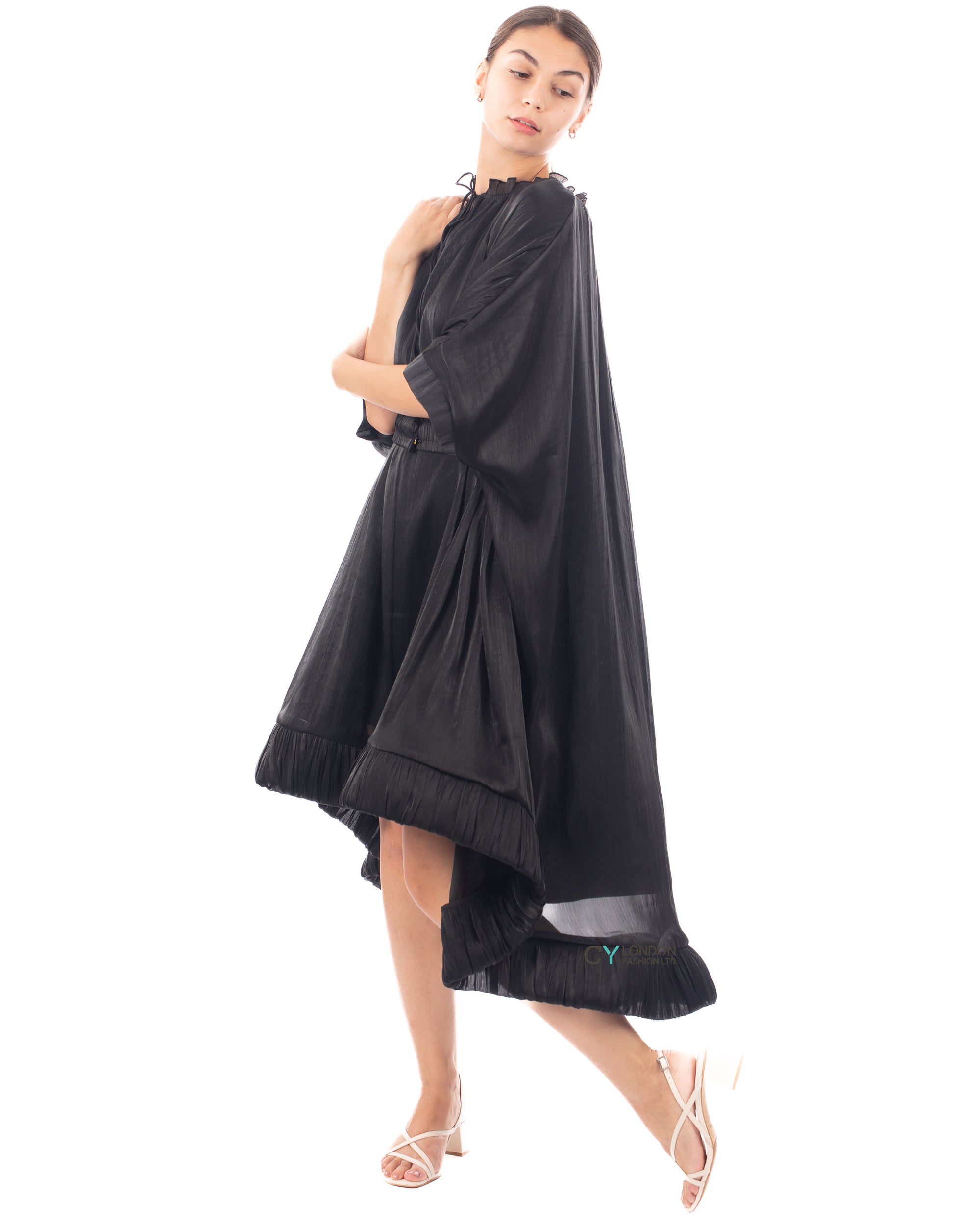 Ruffle Hem Oversized dress with belt in black