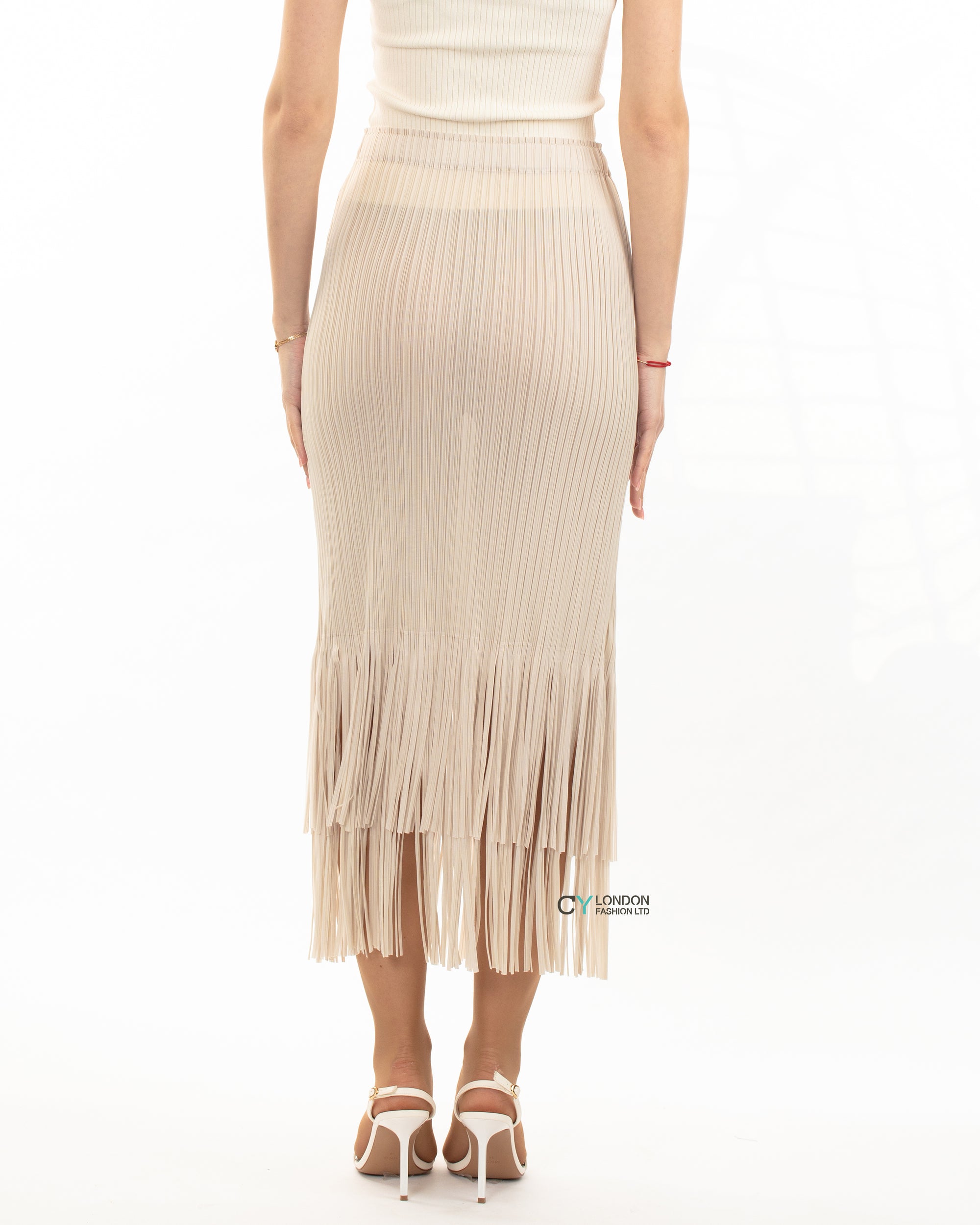 Pleated Midi Skirt with multi fringed tassel hem design in white