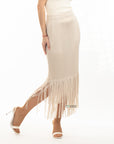 Pleated Midi Skirt with multi fringed tassel hem design in white