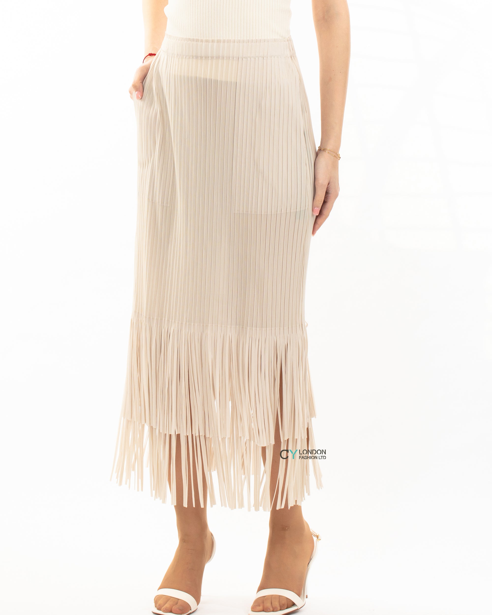 Pleated Midi Skirt with multi fringed tassel hem design in white