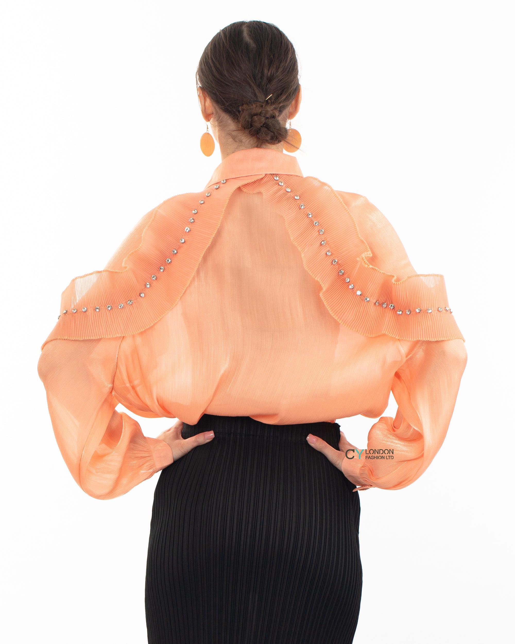 Pleated ruffles with multi dimoned stone embellished sleeves design organza shirt in Peach