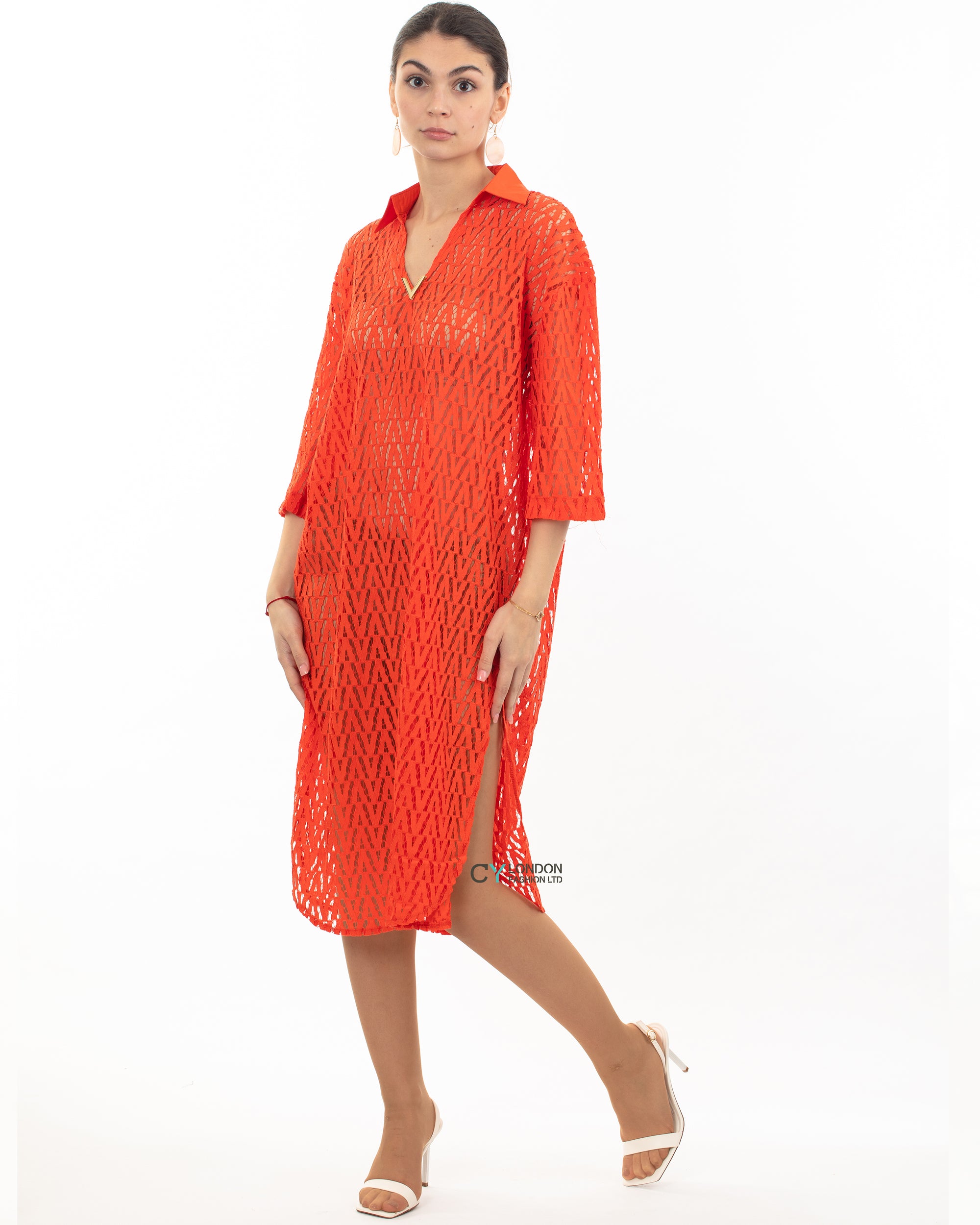 V pattern Lace kaftan dress in Orange Holiday wear collection in Orange