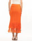 Pleated Midi Skirt with multi fringed tassel hem design in orange