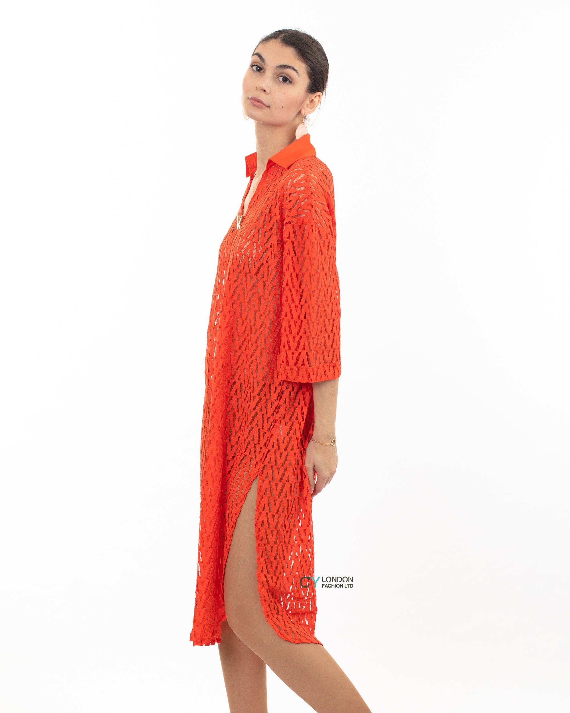 V pattern Lace kaftan dress in Orange Holiday wear collection in Orange