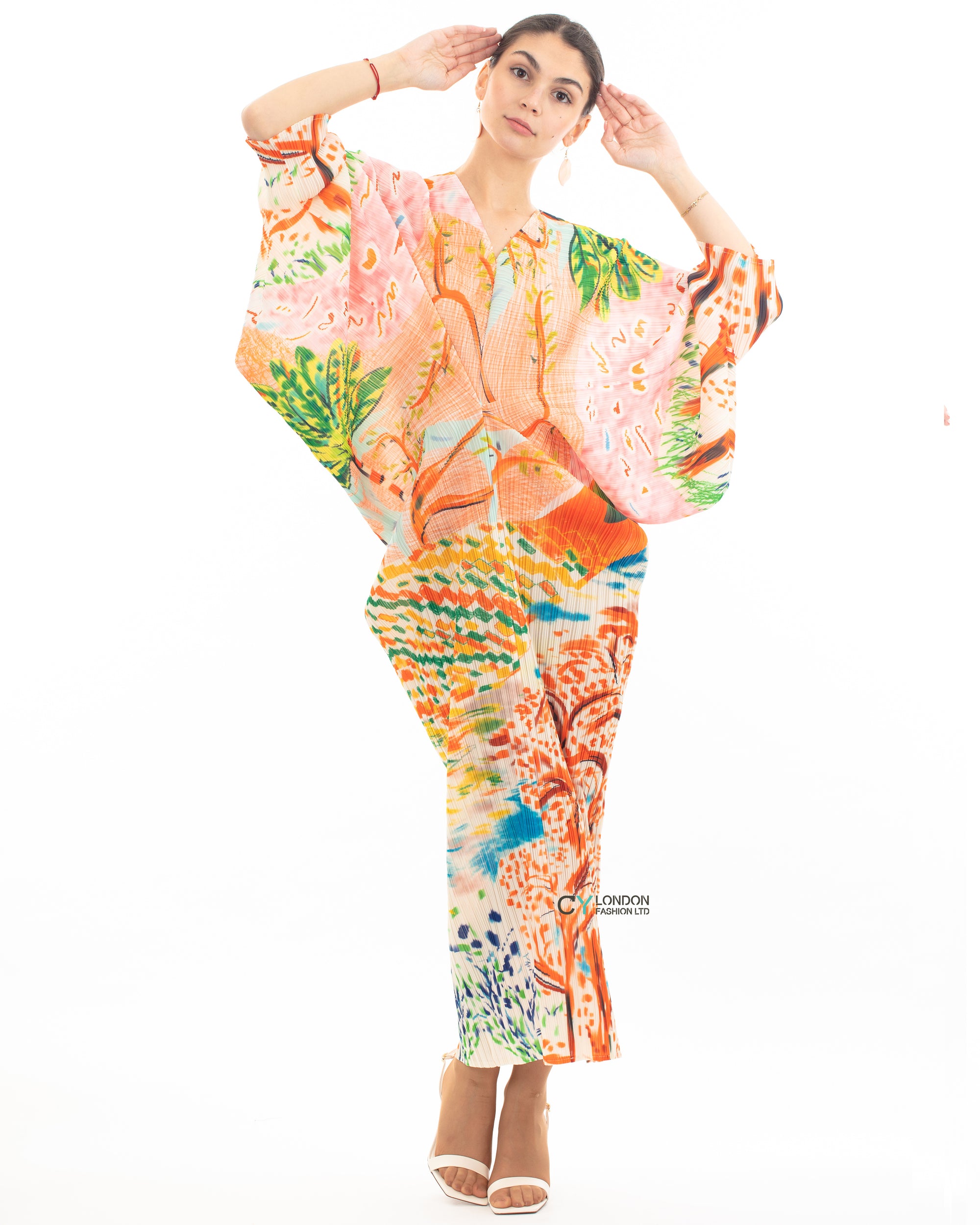 Leaves and Floral Scarf Pirnt Pleated Dress in Kimono sleeves in pink