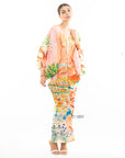 Leaves and Floral Scarf Pirnt Pleated Dress in Kimono sleeves in pink