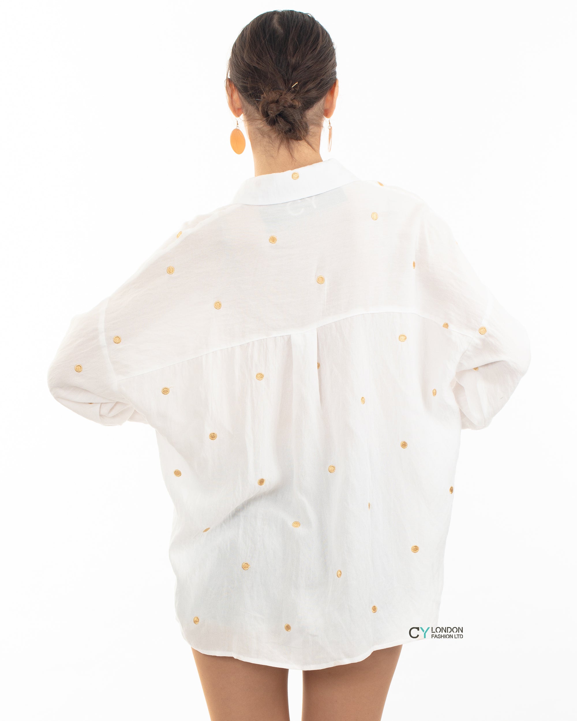 Gold Polka Dots Embroidered Shirt in Soft cotton fabric in White