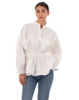 Ruffle design around chest and hem cotton shirt in white