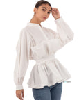 Ruffle design around chest and hem cotton shirt in white