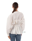 Ruffle design around chest and hem cotton shirt in white