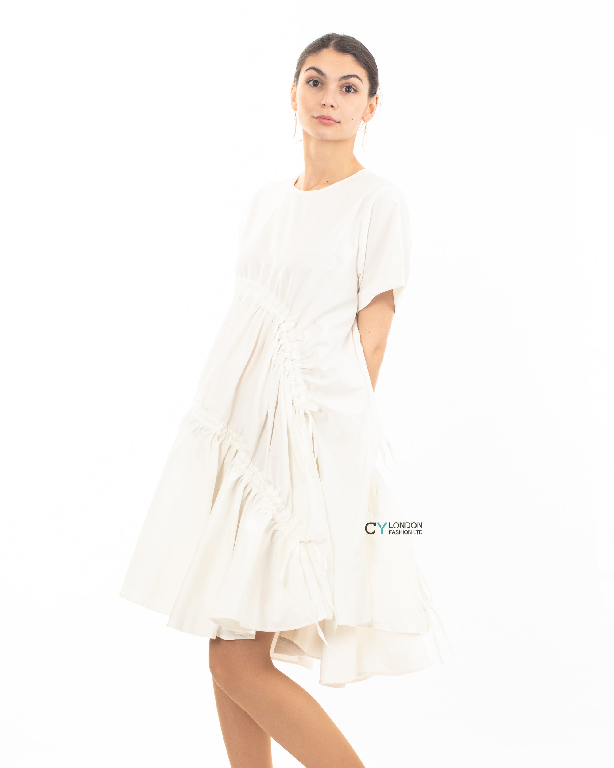 Asymmetry with adjustable ties design cotton blend dress in white