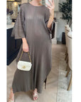 Full Length Pleated maxi dress with cap sleeves in medium grey