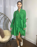 Asymmetry with Elasticated design cotton blend shirt dress in green