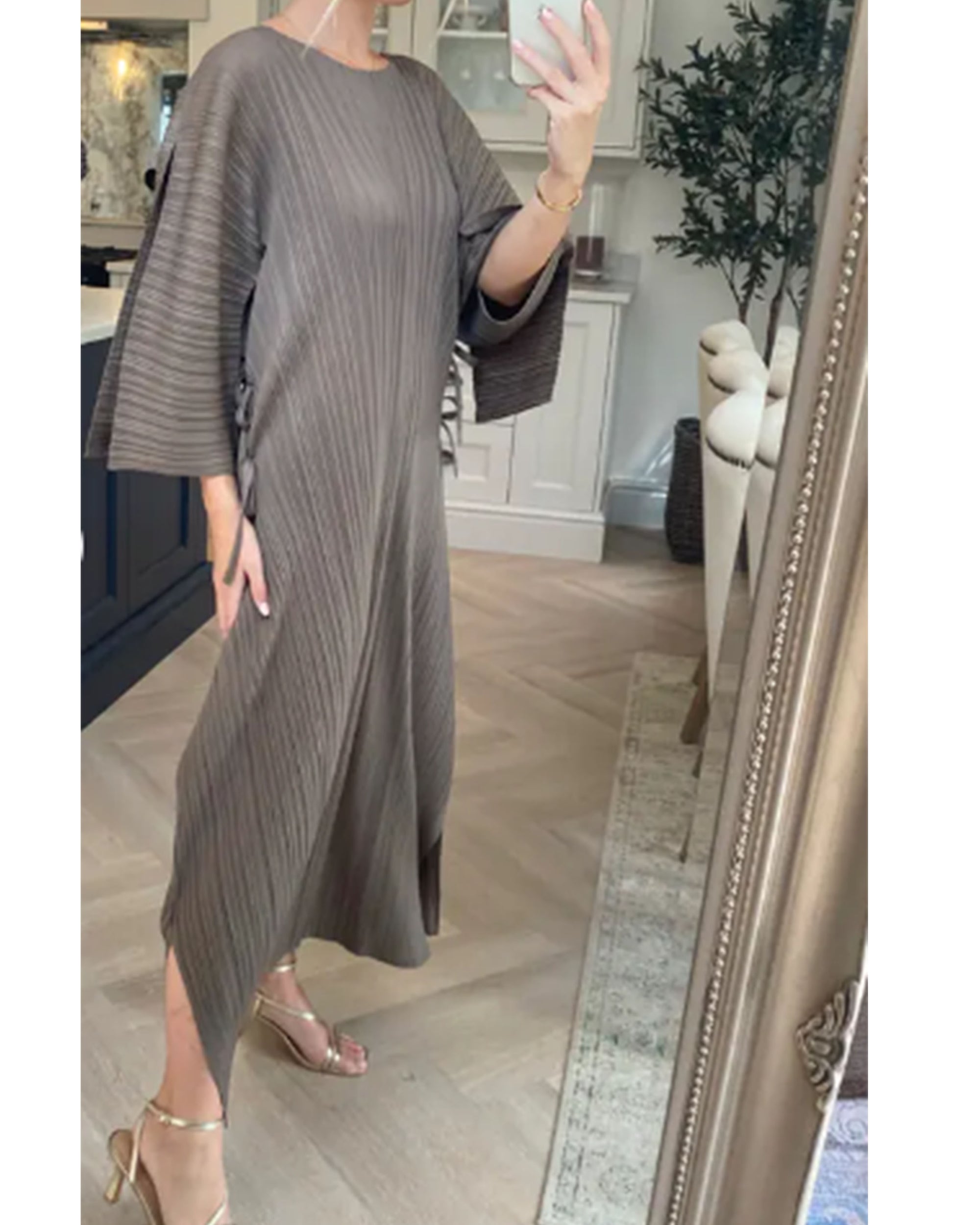 Full Length Pleated maxi dress with cap sleeves in medium grey