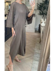 Full Length Pleated maxi dress with cap sleeves in medium grey