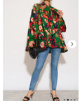 Wild Bloom multi color print oversized shirt with tie up bow design in Green