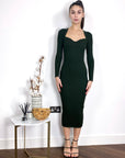 Soft Knitted Ribbed Midi Bodycon Dress Long Sleeve In Green