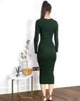 Soft Knitted Ribbed Midi Bodycon Dress Long Sleeve In Green