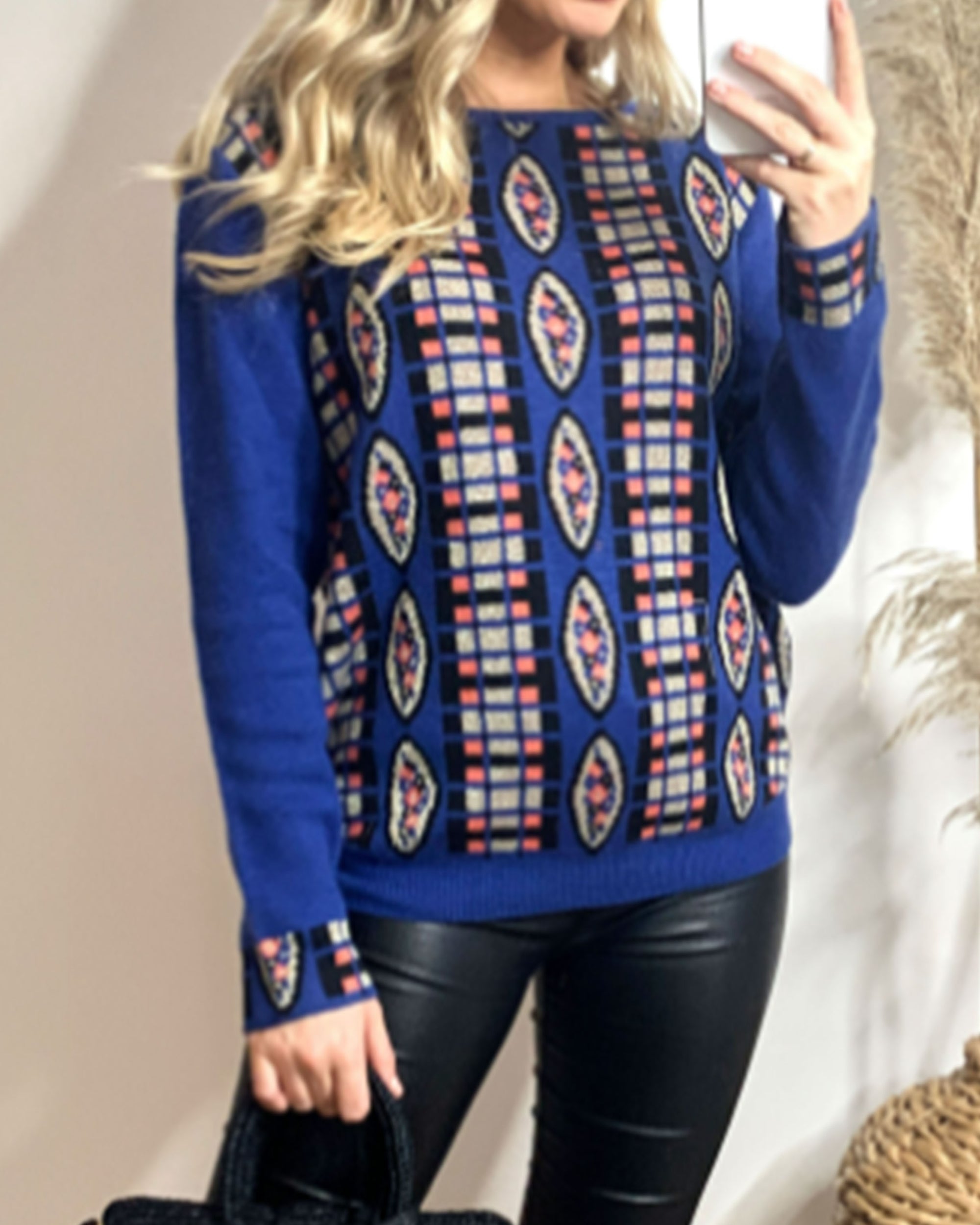 Metallic gold trims Fair isle Print Jumper