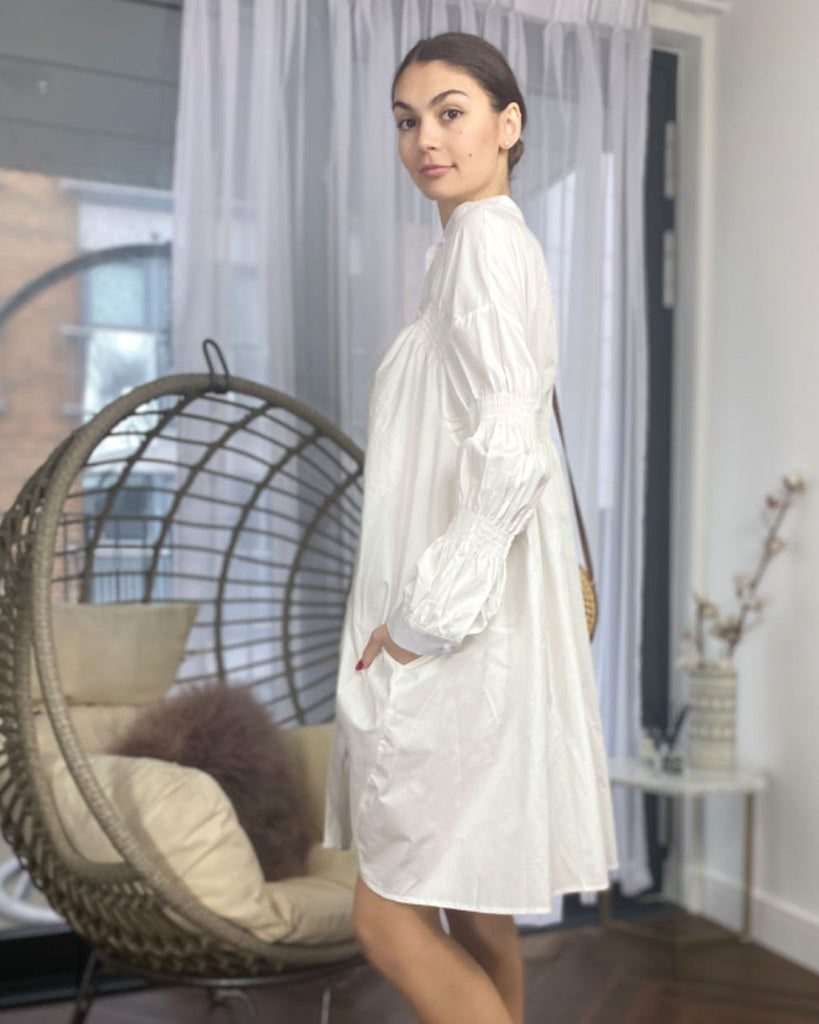 Asymmetry with Elasticated design cotton blend shirt dress in white