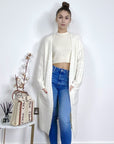 Cable knit design wool-blended long oversized cardigan in White