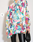 Wild Bloom multi color print oversized shirt with tie up bow design in White