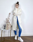 Cable knit design wool-blended long oversized cardigan in White