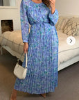 Blue floral print Pleated Long Sleeves Maxi Dress