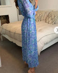 Blue floral print Pleated Long Sleeves Maxi Dress