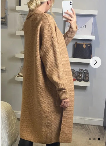 Oversized Boxy rib knit long cardigan with front pocket