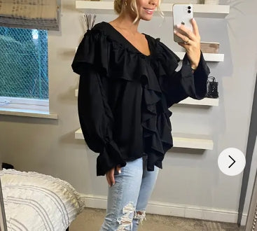 Front Frill detail long sleeves blouse top in black