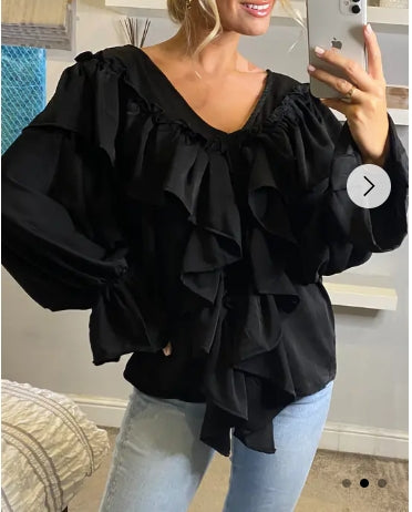 Front Frill detail long sleeves blouse top in black