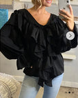 Front Frill detail long sleeves blouse top in black