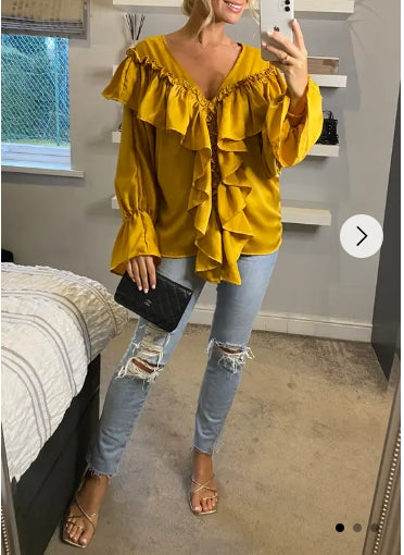 Front Frill detail long sleeves blouse top in mustard yellow