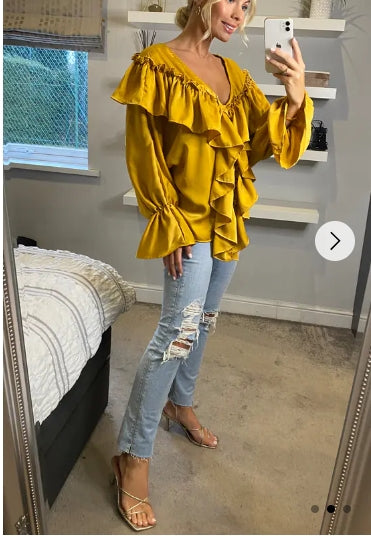 Front Frill detail long sleeves blouse top in mustard yellow